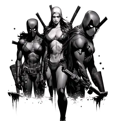 Deadpool, Deadpool female mom, Deadpool oldest son, Deadpool middle son, Deadpool youngest daughter. tattoo design idea