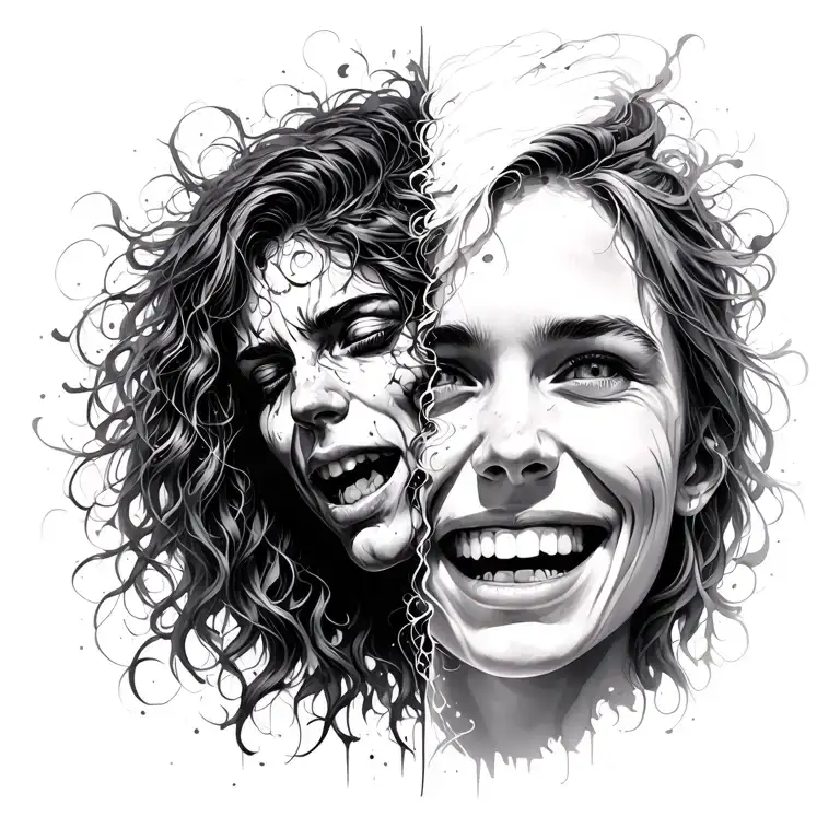 despair plus suicidal on one side and euphoria and happiness on the other side tattoo design idea