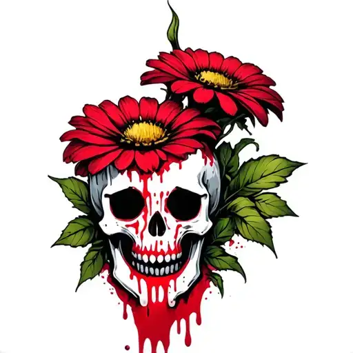 cute flower sharp skull inside blood tattoo design idea