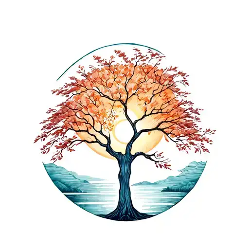willow tree and sun, simple landscape tattoo design idea
