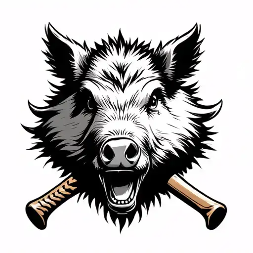 baseball bat and wild boar head tattoo design idea