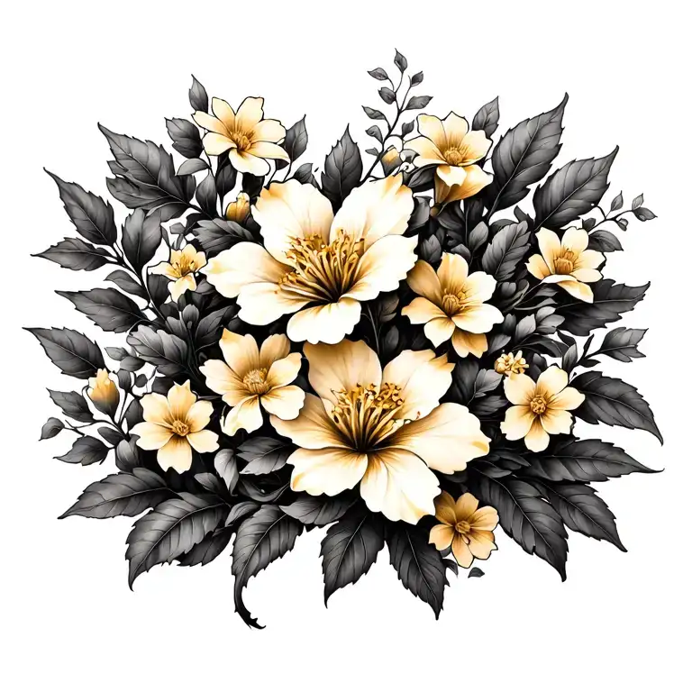 goldflame honeysuckle flowers intertwined with vines and leaves. Have there be a lot of small flowers  tattoo design idea