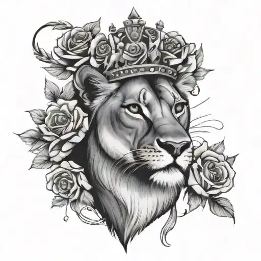 lioness with roses around a crown tattoo design idea