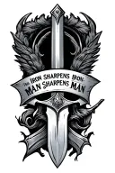 A dual edged sword. one side of it says iron sharpens iron. the other side man sharpens man tattoo design idea