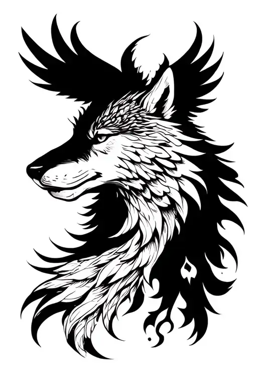 phoenix and wolf facing away tattoo design idea