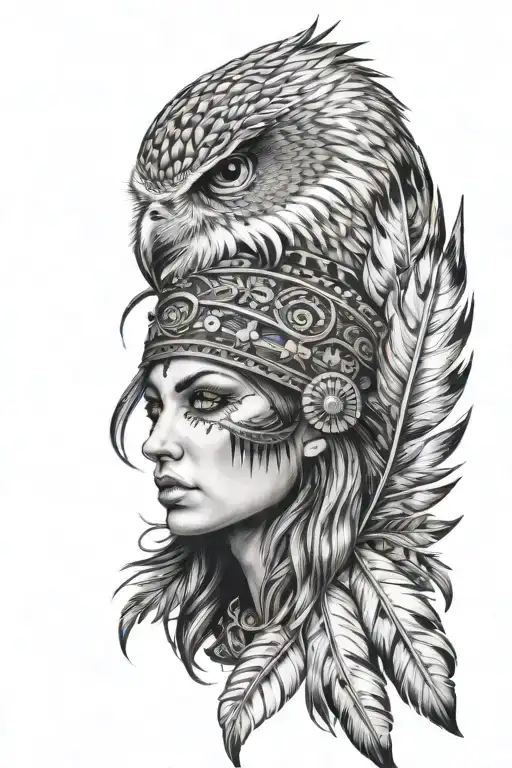 realistic woman wearing owl headress inside an eagle feather tattoo design idea