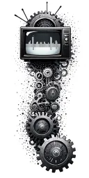 A TV screen with a music equalizer pattern on it, surrounded by mechanical gears tattoo design idea