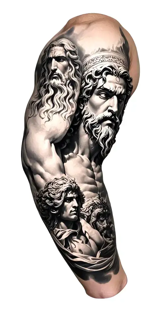 full sleeve tattoo inspired in Greek mythology and elude to Zeus, Hades and Poseidon tattoo design idea