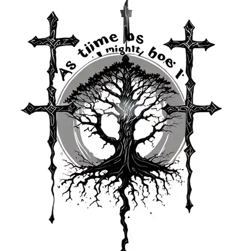 "As time goes by I might heal" crosses and a dying tree tattoo design idea