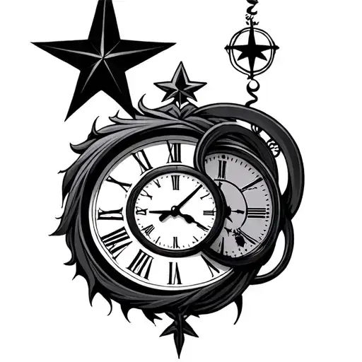 clocks and star signs intertwined tattoo design idea