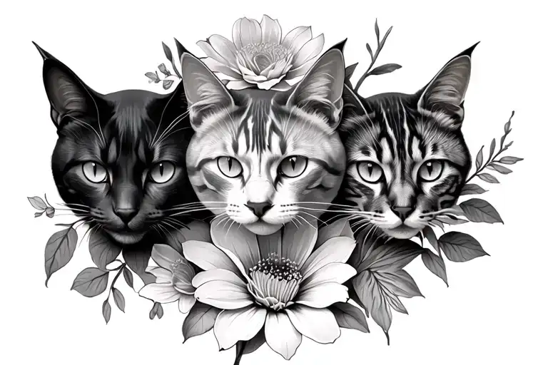 Three cat heads and different flowers tattoo design idea