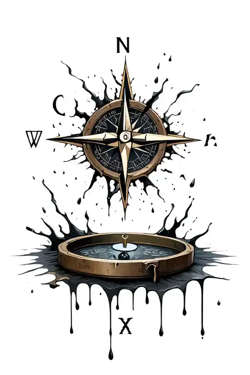 Cursed compass breaking apart, with runes dripping from it like ink around it “DA GHOST PACK” in haunted graffiti tattoo design idea