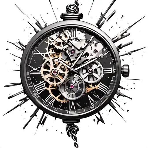 Broken watch face with shattered gears, glass, springs, hands. Figure VIII in value tattoo design idea