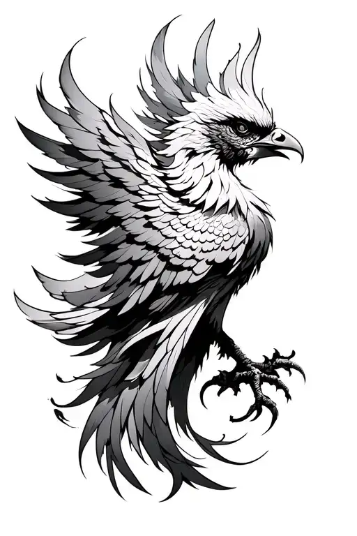 Black and white tattoo design of a majestic phoenix in profile (side view), captured in a dynamic pose — not static — wi tattoo design idea