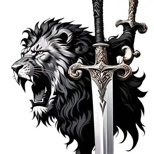 Roman sword, african lion roaring tattoo design idea