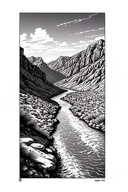 Colorado river running from the Colorado mountains down the the Arizona desert landscape tattoo design idea