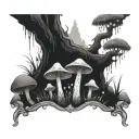 enchanted mossy forest scene, mushroom, crystals, tarot tattoo design idea