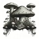 enchanted mossy forest scene, mushroom, crystals, tarot tattoo design idea