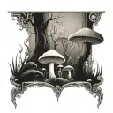 enchanted mossy forest scene, mushroom, crystals, tarot tattoo design idea