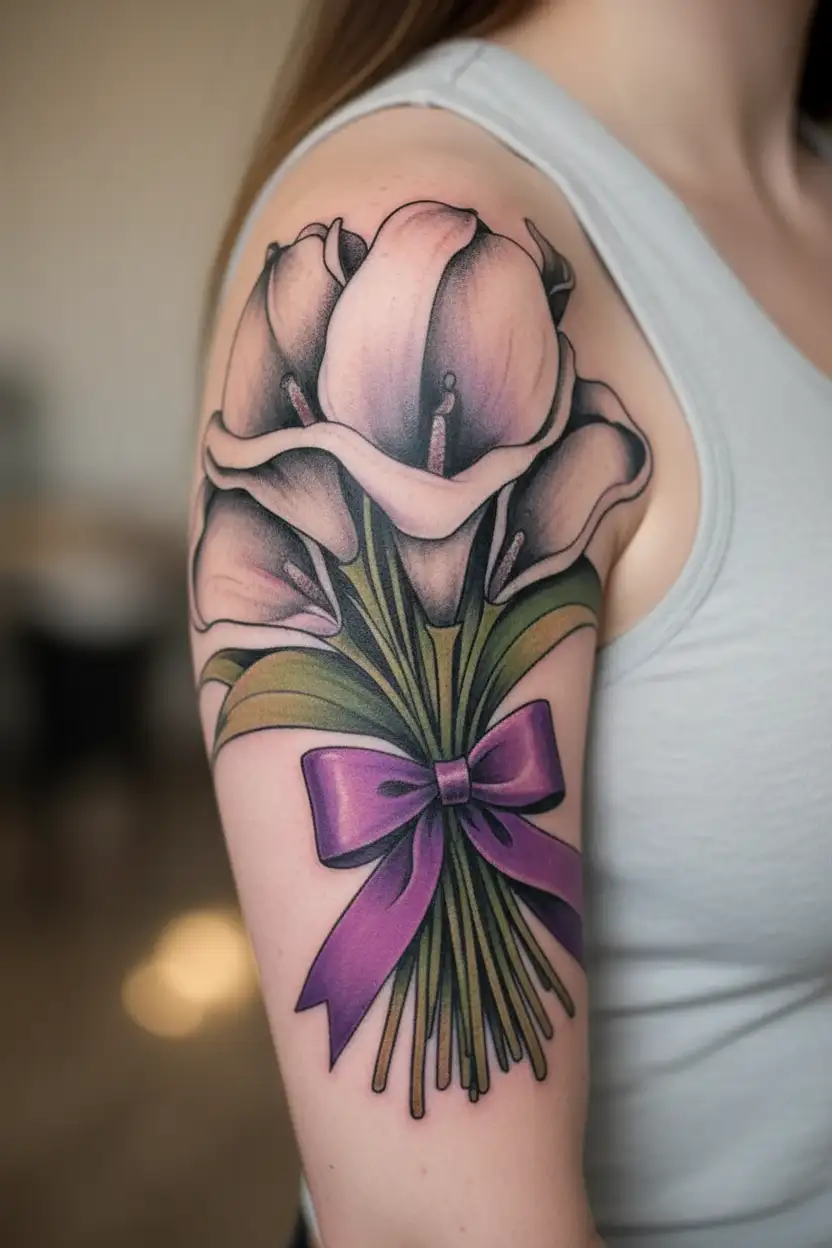 calla lily bouquet tied with purple ribbon tattoo design idea