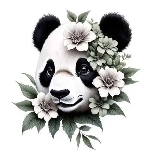 half panda face half flowers growing tattoo design idea