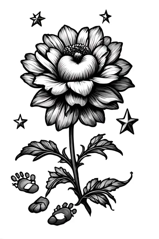 A flower that the flower is a heart and that two curly branches come out of the stem with a footprint and some respective stars tattoo design idea