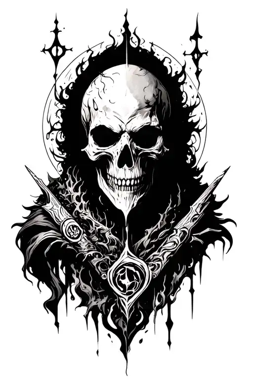 A tattoo design combining elements from Bloodborne and Dante's Inferno, with a dark and mysterious vibe tattoo design idea