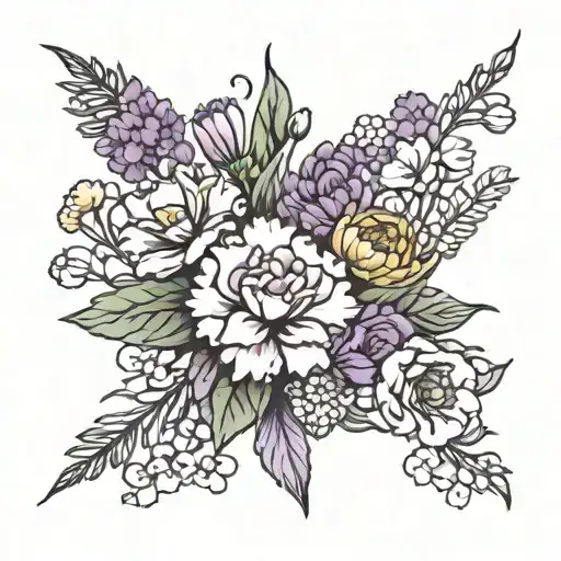 carnation, violet, daisy, and marigold flower bouquet tattoo design idea
