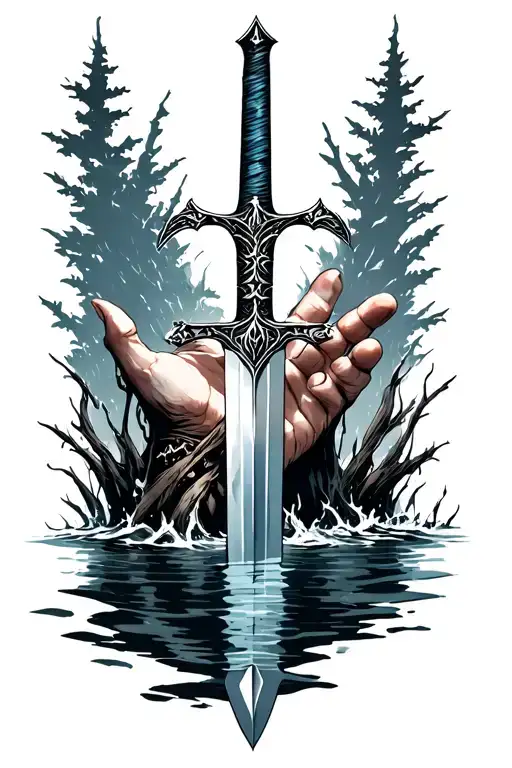 tattoo from The Witcher 3 - Lady of the lake: a hand sticks out of the water and gives a sword tattoo design idea