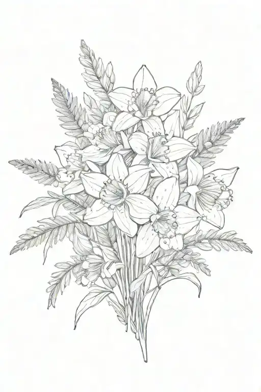 A small bouquet of flowers: daffodil, bluebell, heather, cow parsley, silver fern. Line drawing style. 1 of each flower tattoo design idea