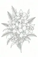 A small bouquet of flowers: daffodil, bluebell, heather, cow parsley, silver fern. Line drawing style. 1 of each flower tattoo design idea