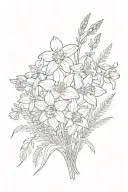A small bouquet of flowers: daffodil, bluebell, heather, cow parsley, silver fern. Line drawing style. 1 of each flower tattoo design idea