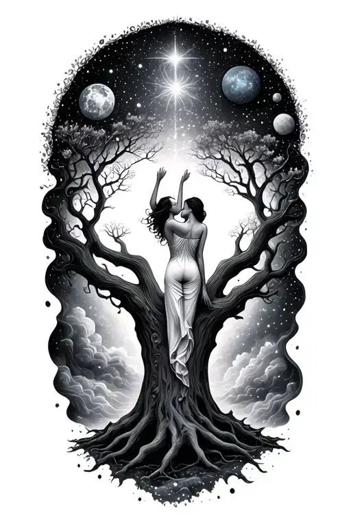 There should be a tree that melts and flows, surrounded by the universe. Inside it, there is a twin flame woman reaching tattoo design idea