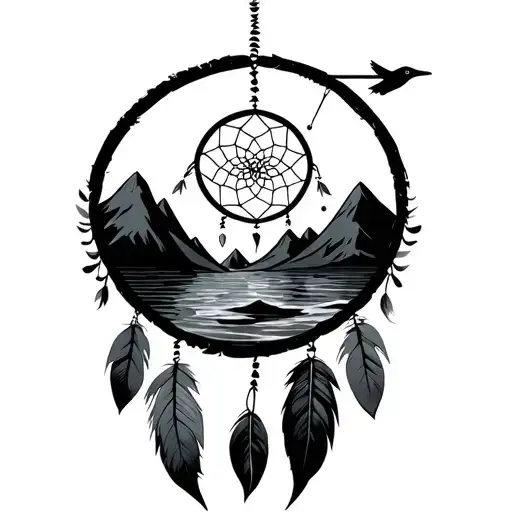dream catcher, triangle, wave, mountain, bird, leaf, bow and arrow tattoo design idea