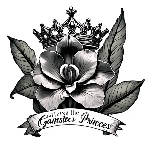 the words cattleya the ganster princess with a crown,with cattleya flower around it. tattoo design idea