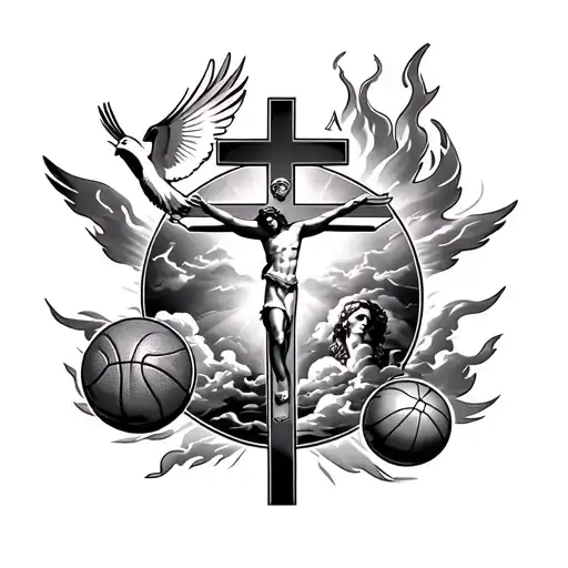John 13:7, a crucifix, a dove, a pocket watch, Jesus, earth, wind, and fire, clouds, and include a basketball  tattoo design idea