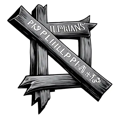 A small christian cross with the horizontal beam extended slightly Text: “PHILIPPIANS” on the horizontal beam and “4:13” tattoo design idea