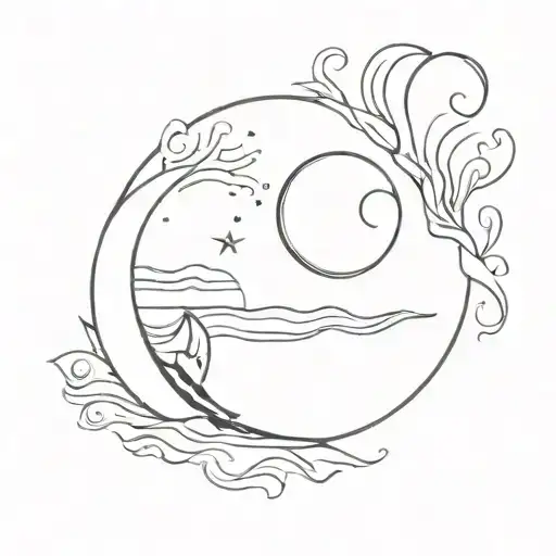 surf sun and moon tattoo design idea