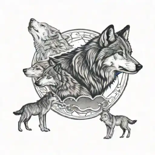 3 small wolves and 2 big ones above and the full moon tattoo design idea