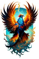 A majestic phoenix rises powerfully, wings spread wide like smoke and branches, glowing and ethereal. Below, a small eer tattoo design idea