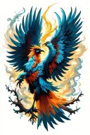 A majestic phoenix rises powerfully, wings spread wide like smoke and branches, glowing and ethereal. Below, a small eer tattoo design idea