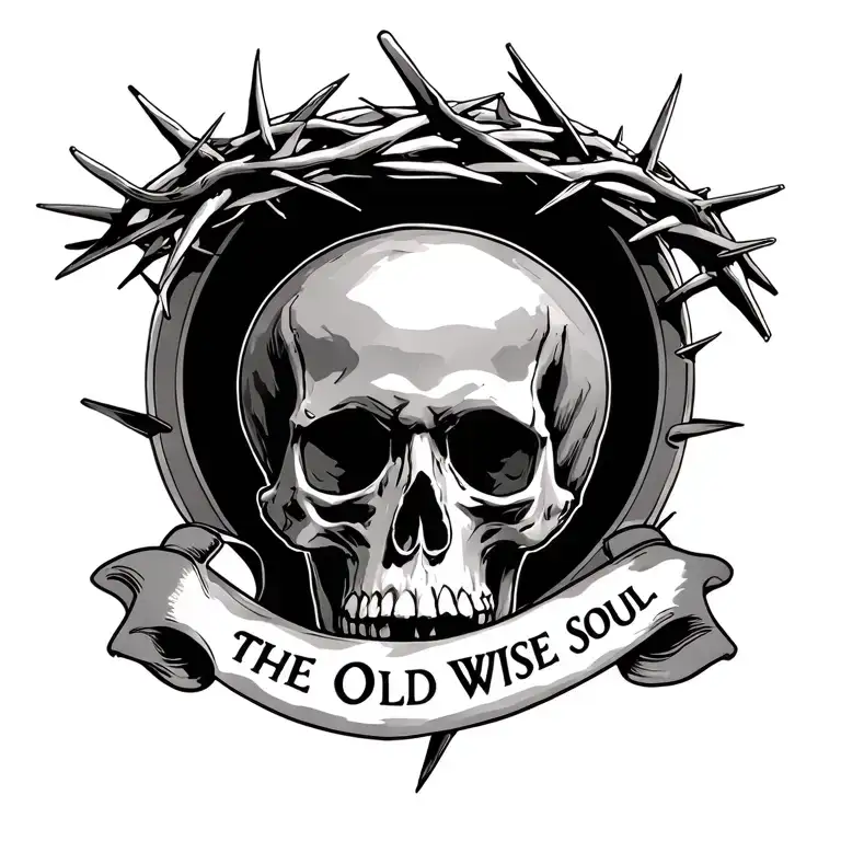 skull with a halo in the form of a crown of thorns, below it a ribbon with the inscription "THE OLD WISE SOUL" tattoo design idea