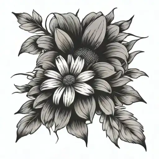 2 thin lined daisy's with crossing stems and a dog paw tattoo design idea