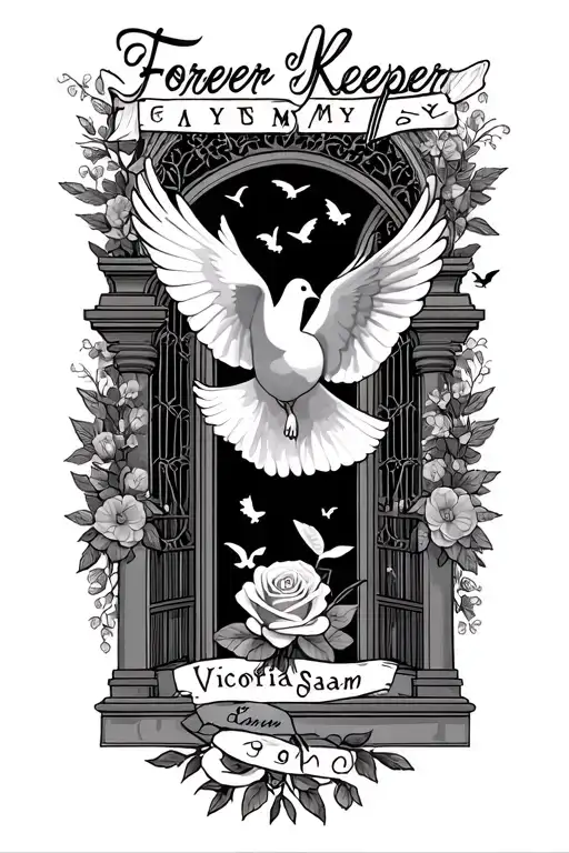 "Forever My Keeper " heaven gates doves flying,and include my mothers name Victoria sam in cursive and can you add an rose tattoo design idea