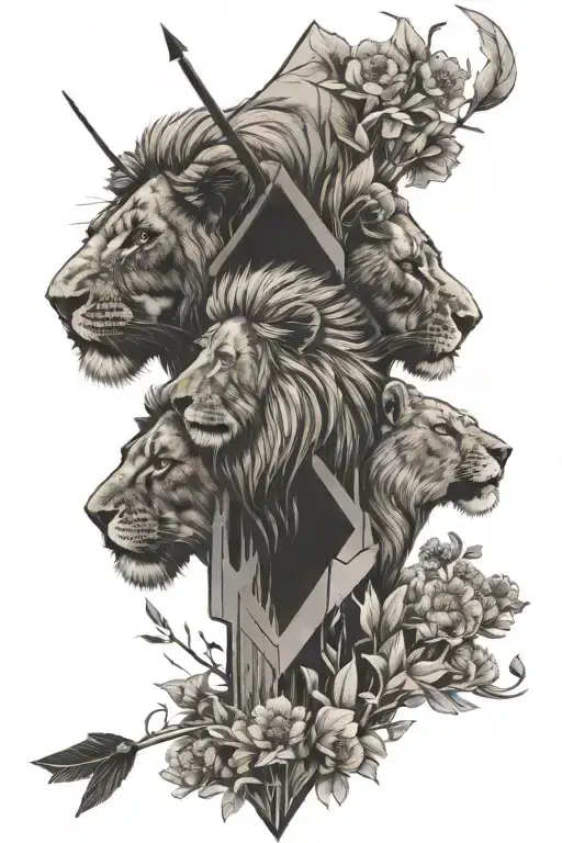 arrow separating lion and lioness  surrounded by dandelions  tattoo design idea