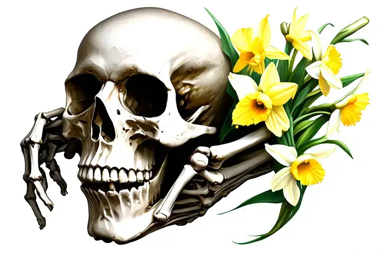 skull being held by skeleton hand and daffodils coming out of the skull tattoo design idea