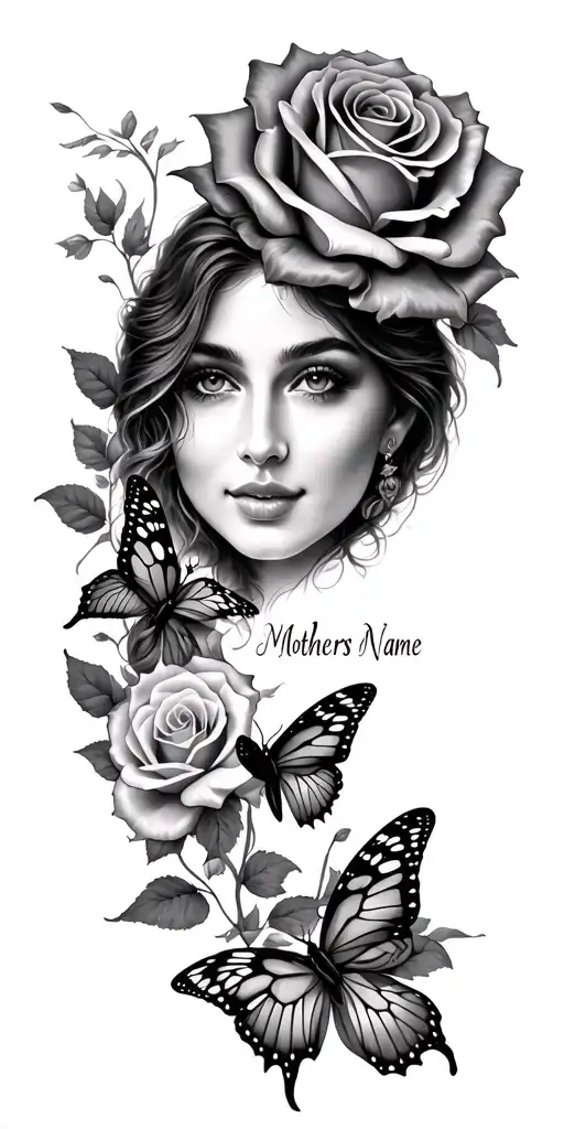 mothers name ,and roses with butterflies tattoo design idea