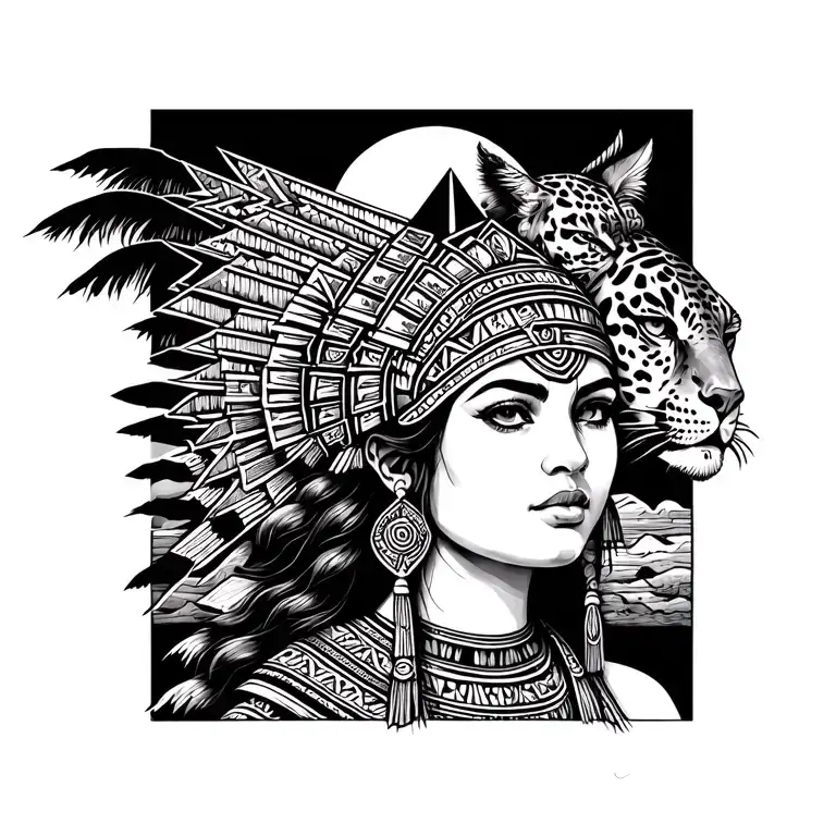 aztec warrior woman whith pyramid and moon and jaguar on the top of head  tattoo design idea