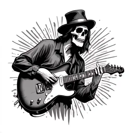 Draw two complementary tattoos in the American traditional style. On of a rock n’ roll Skelton playing a Fender telecast tattoo design idea
