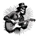 Draw two complementary tattoos in the American traditional style. On of a rock n’ roll Skelton playing a Fender telecast tattoo design idea